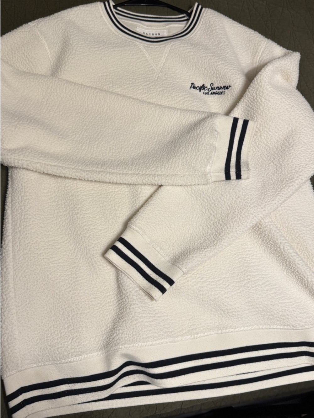 PacSun White Sherpa Pullover with Navy Stripe Accents